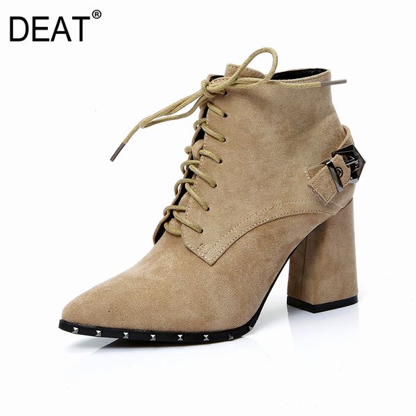 

deat] 2019 sharp toe bandage belt buckle personality flock velvet women high heels short boots new spring autumn fashion 10d836, Black