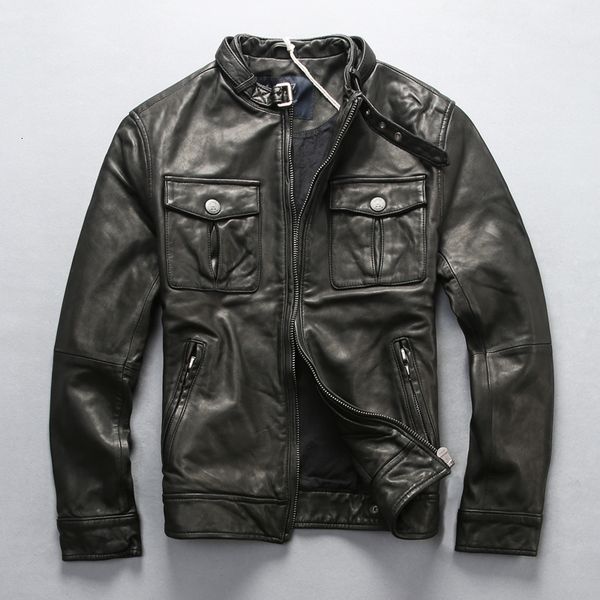 

mens genuine leather jacket multi-pocket stand slim short vegetable tanned sheep leather men's leather jacket winter coat, Black