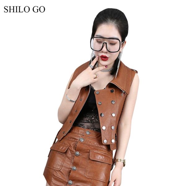 

shilo go leather vest womens spring fashion sheepskin genuine leather vest lapel collar metal double breasted casual locomotive, Black;white
