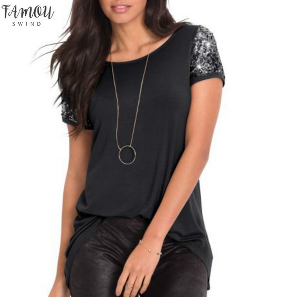 

women t shirts sequins patchwork short sleeve petal sleeve casual o neck t shirt jumper pullover shirt irregular khaki red, White
