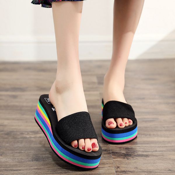 

2020 summer women thick bottomed sandals platform outer high heel flip flops women's wedge rainbow bottom slippers beach shoes, Black