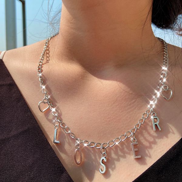 

just feel retro loser letters pendant necklace for women man silver color long chain necklaces personality jewelry party gift