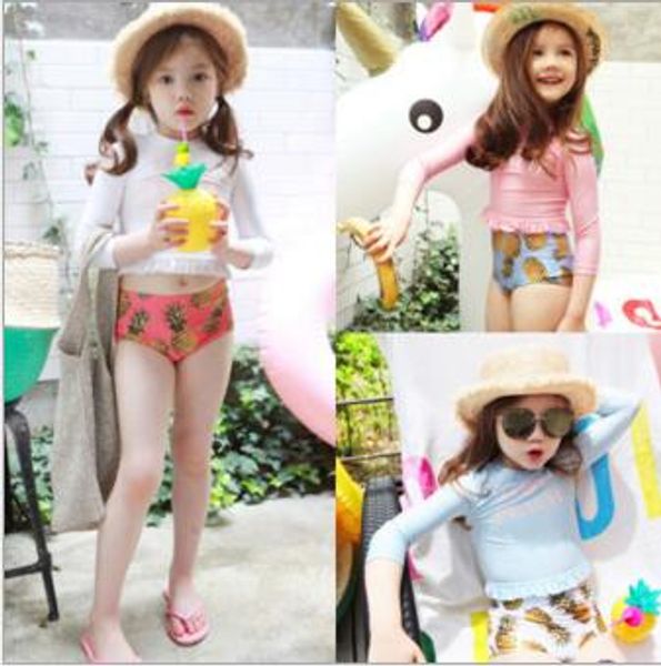

ins fashion selling girl kids two piece bikini set summer girl cute long sleeve pineapple print swimming shirt + short ship, Blue