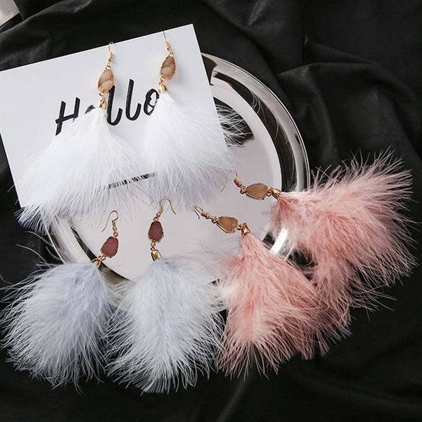 

настраиваемый мода перо серьги природа камень длинные кисточки серьги падения для женщин милый белый розовый цвет pendientes поставки произв, Silver