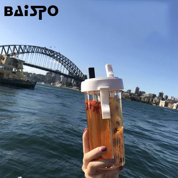 

baispo dual-straw use water bottle drinking cup leak proof portable outdoor travel kettle yoga running camp hiking water bottle