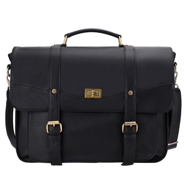 

button seal men messenger bag double buckles pu leather briefcase fits 14inch lapwith removable shoulder strap black