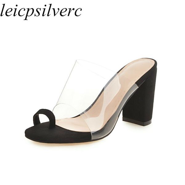

women slippers super high heel transparent pu pointed toe thick heel mixed-colors 2019 fashion outside casual big size34-48, Black