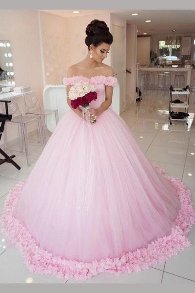 

самая последняя конструкция 2019 принцесса handmade цветы розовый бальное платье с плеча тюль свадебное платье корсет невесты quinceanera ru, White