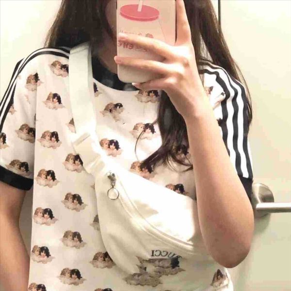 

ad co-branded pure cotton fur ring fabric small angel full print short t-shirt short-sleeved angel bag, White
