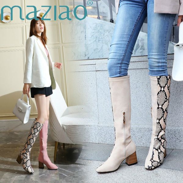 

2019 fashion snake autumn winter boots women pointed toe zip knee-high boots high heels shoes mixed colors women maziao, Black