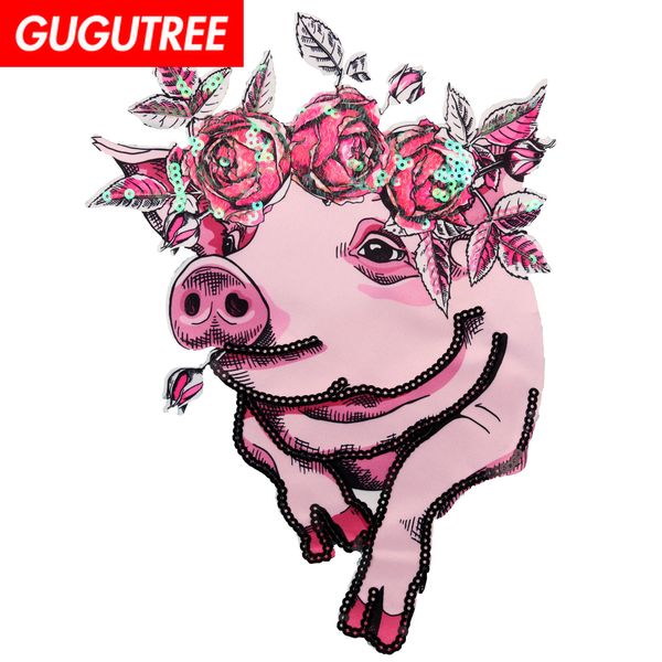

gugutree блестки вышивка большая свинья патч мультфильм патчи жетоны аппликации патчи для одежды jw-16, Black