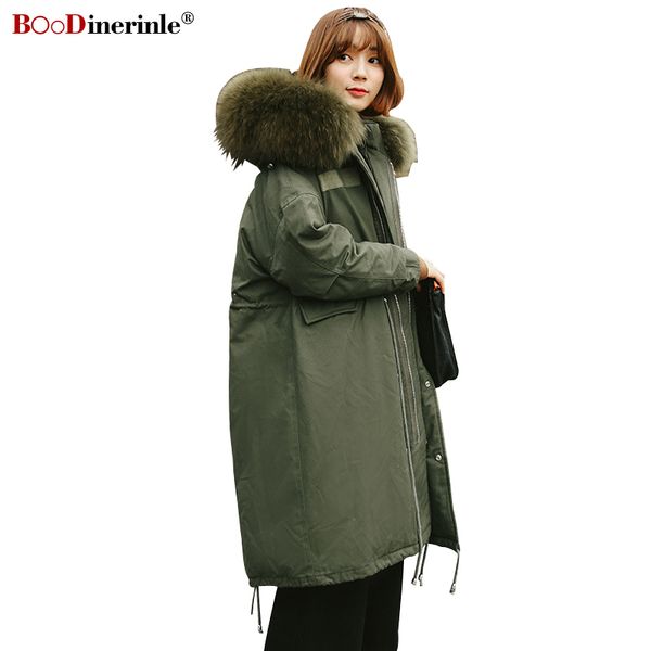 

boodinerinle streetwear parkas women 2019 winter down jackets for women loose big fur collar hooded coat casual long down jacket, Black