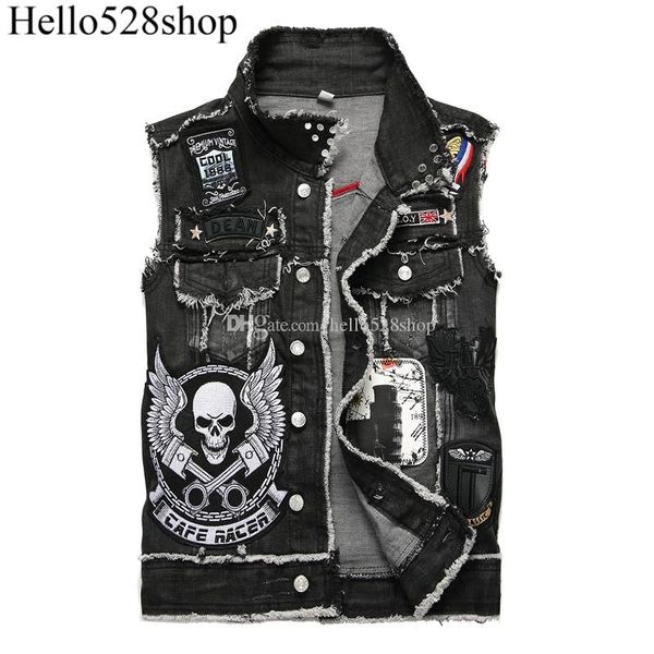

hello528shop vintage skull jeans vest for men denim slim fit washed black embroidery denim outerwear motorcycle style, Black;white