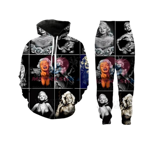 

new fashion mens/womens marilyn monroe funny 3d print casual hoodie+pants2, Black