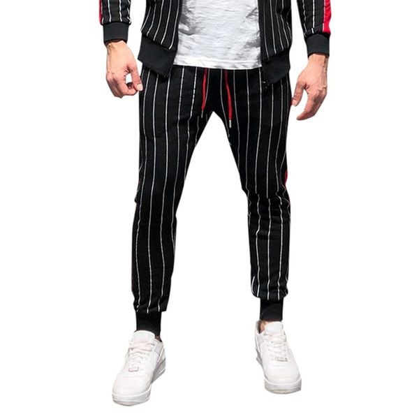 

men joggers casual fitness bodybuilding pocket skin full length sports pants striped black sweatpants masculina w912