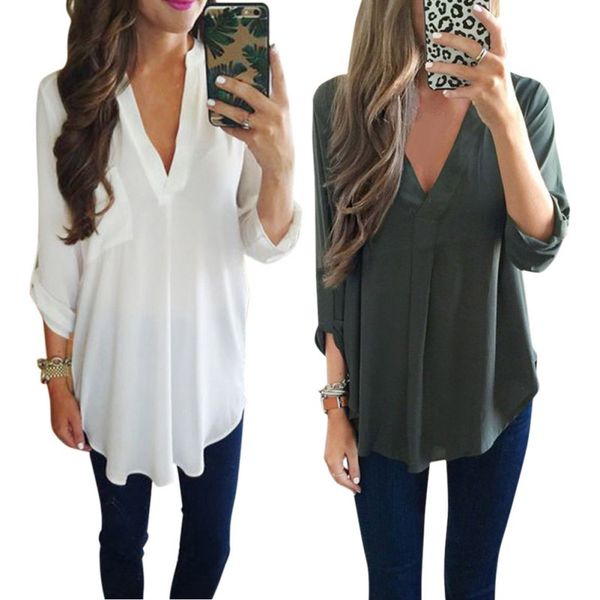 

autumn folded sleeve shirt loose plus size women v neck casual tee long sleeve chiffon, White
