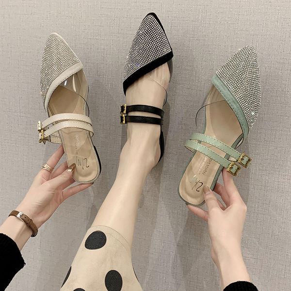 

shoes women slippers casual pointed toe pantofle glitter slides low soft luxury cover 2020 jelly flat pu rubber buckle strap, Black