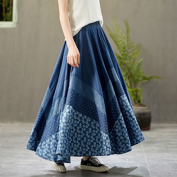 

skirts 2021 long maxi a-line women elastic waist spring and summer denim 100% cortton print vintage, Black