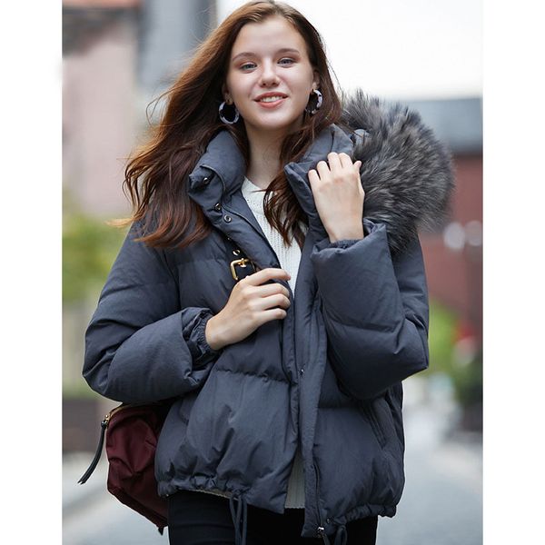 

fyyiyi 2019 gray blue scorpion big fur collar hooded padded down jackets female short retro drawstring jacket winter women's, Black