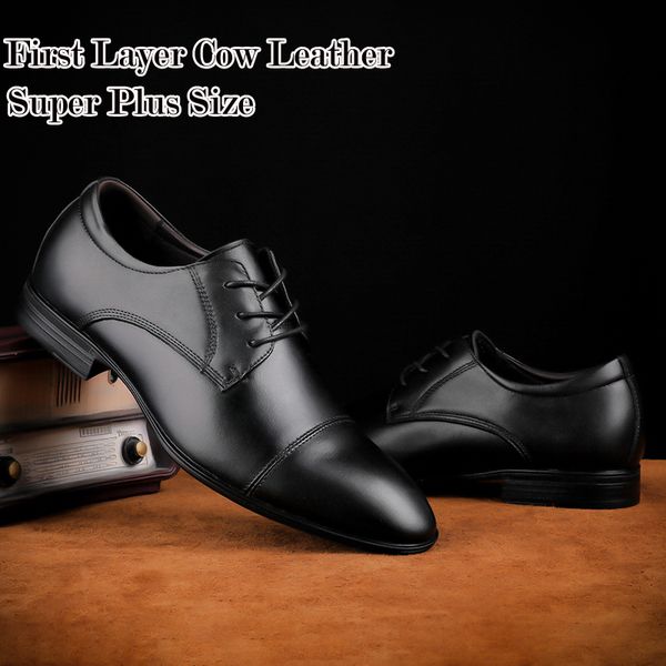 

super plus size first layer cow genuine leather men brogue dress shoes men luxury wedding business shoes flats leather, Black