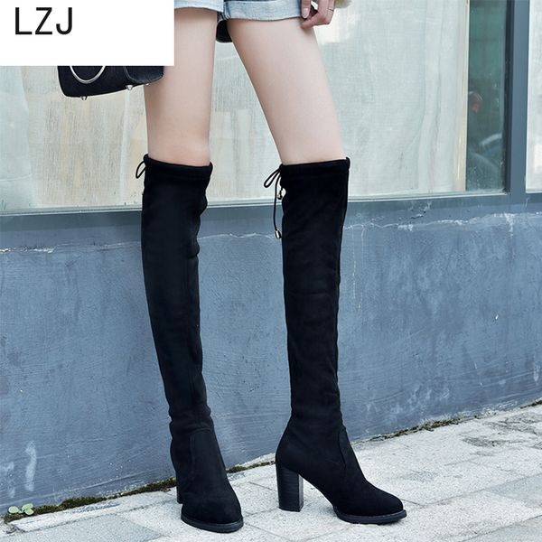 

lzj suede warm heels 8cm female autumn winter boots black over the knee boots platform lady chunky high pumps shoes woman