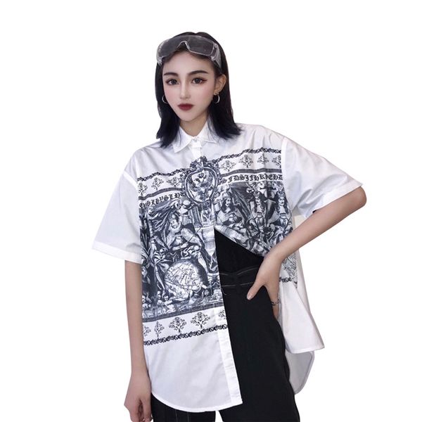 

painting print long shirt turn down collar short sleeve women blouses shirts spring summer casual loose female shirts, White