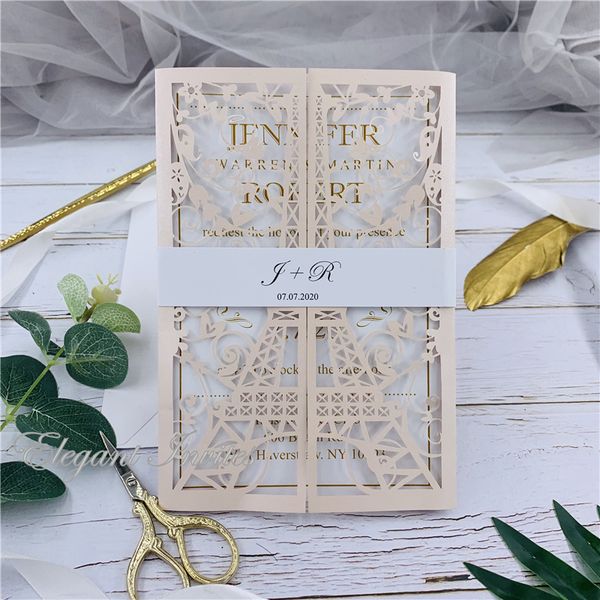 Paris Unique Invite With Belly Band Pink Laser Eiffel Tower