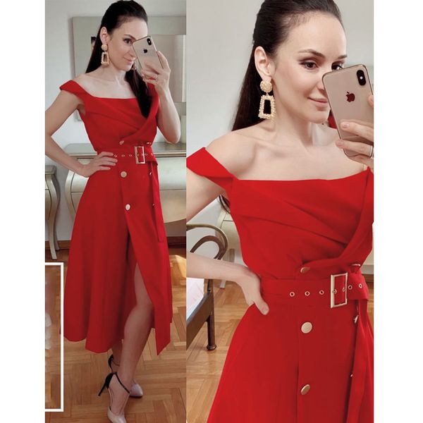 

casual dresses 2021 euramerican spring summer fashion slash neck double breasted belt medium style high end elegant quality dress, Black;gray