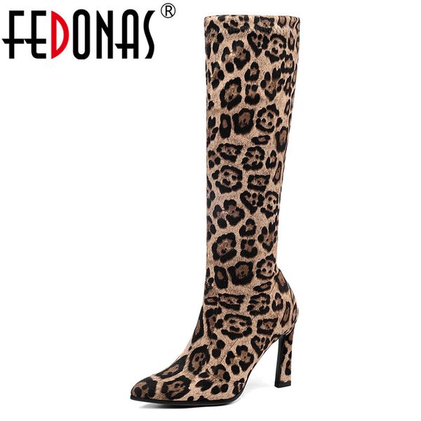 

fedonas women elegant pointed toe flock knee high boots new high heels prom basic shoes woman warm autumn winter boots for women, Black