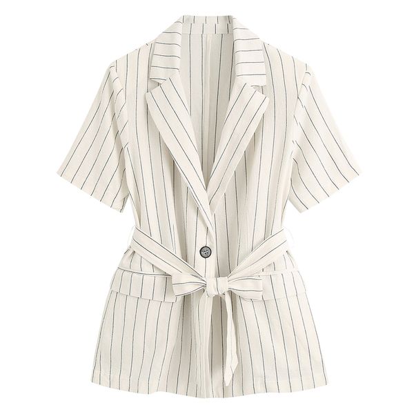 

elina notched blazers women fashion striped printed tie belt waist jackets women elegant single button suits female ladies er, White;black