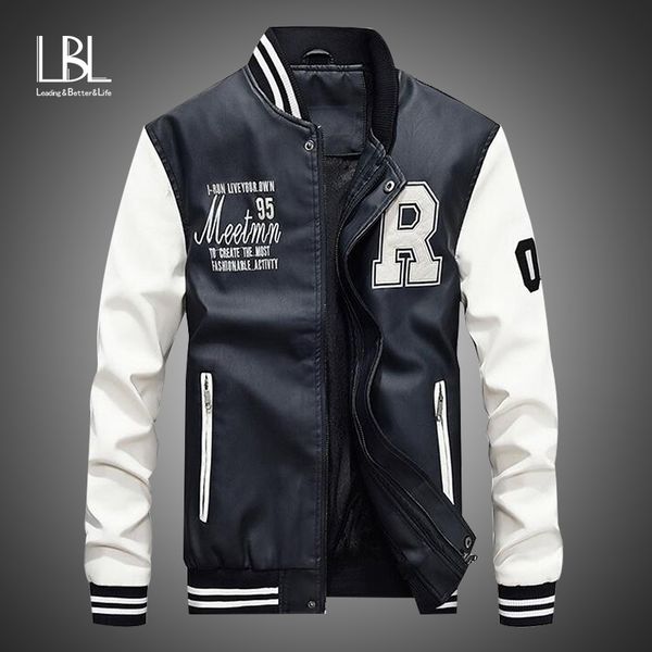 

new men pu faux leather jacket 2019 brand embroidery baseball jackets male casual luxury winter warm fleece pilot bomber coat, Black;brown