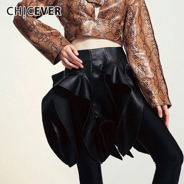 

chicever pu leather irregular women's skirt high waist hollow out streetwear asymmetrical skirts female 2020 fashion new clothes, Black