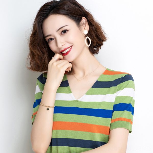 

v-neck t-shirt women's short-sleeved ice silk t-shirt clothing sweater clothing sweater middle-aged mother summer dress stripes, White