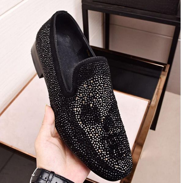 Para preto casual strass moda estilo formal europeu couro genuíno sapatos de casamento ouro metálico masculino cravejado mocassins 927 s