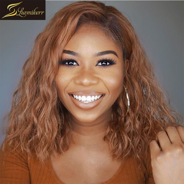 

brazilian honey blonde water wave 13Ã6 lace front human hair wigs for black women wet and wavy ombre frontal wig bleached knots, Black;brown