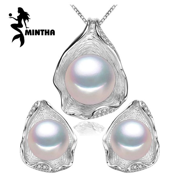 

mintha 925 sterling silver natural freshwater pearl jewelry sets necklace earrings shell design for women party fashion brand, Black