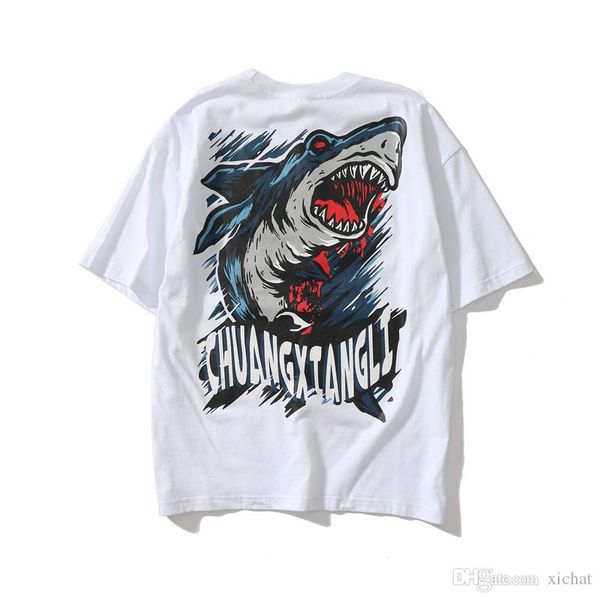 

harajuku mens shark ситца футболка brand лето дизайнер с коротким рукавом негабаритные hip hop повседневная рубашка boyfriend tee ld525, White;black