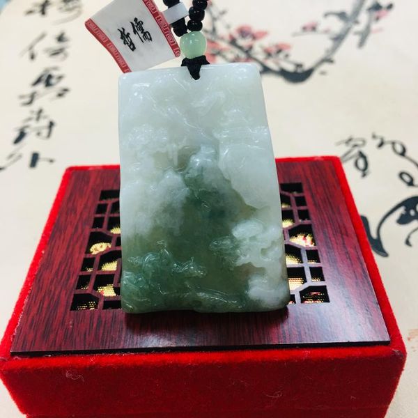 

zheru pure natural jadeite carved light green two-color mountain pendant with green bead chain sweater chain send a-level certif, Silver