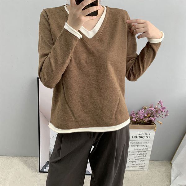 

solid color autumn new loose double v-neck fake two-piece contrast color pullover sweater knit bottoming shirt women, White;black