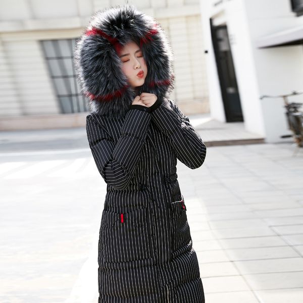 

large fur collar stripes down jacket women's 2019 korean-style waist hugging thick contrast color large fur collar mid-length wa, Black;white