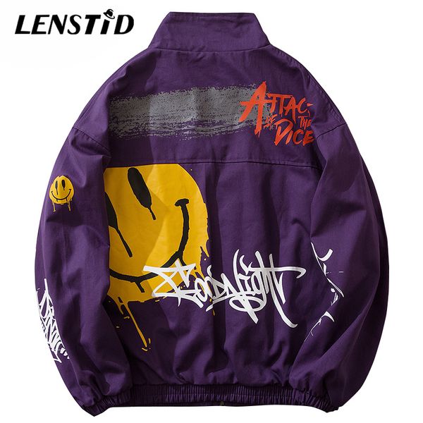 

lenstid 2020 spring men smiling face graffiti jacket hip hop streetwear casual windbreaker zipper hipster track jackets coats, Black;brown