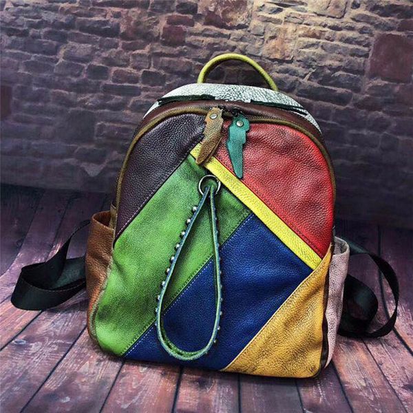 

vintage colorful patchwork backpack women genuine leather travel bags luxury school bags for girls big capacity fashion knapsack