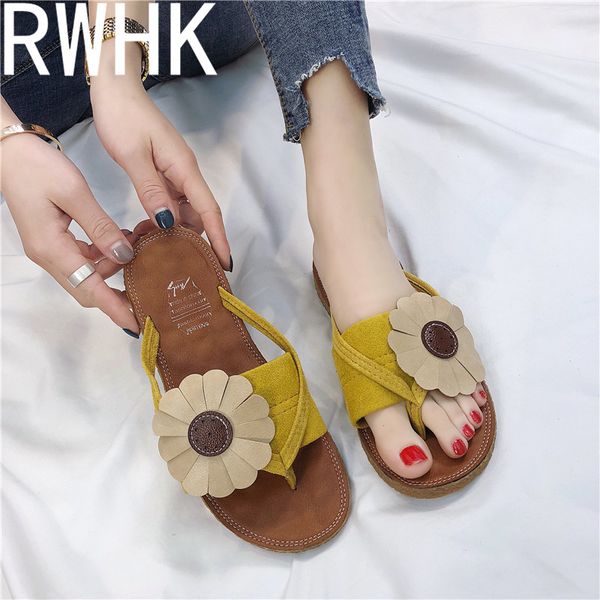 

rwhk 2019 summer soft bottom flip-flops female fashion flowers wear flat bottom wild beach drag women's shoes b335, Black