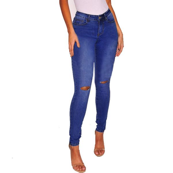 

knee hole ripped jeans women stretch denim pencil pants casual slim fit jeans summer long trousers jean femme 2018, Blue