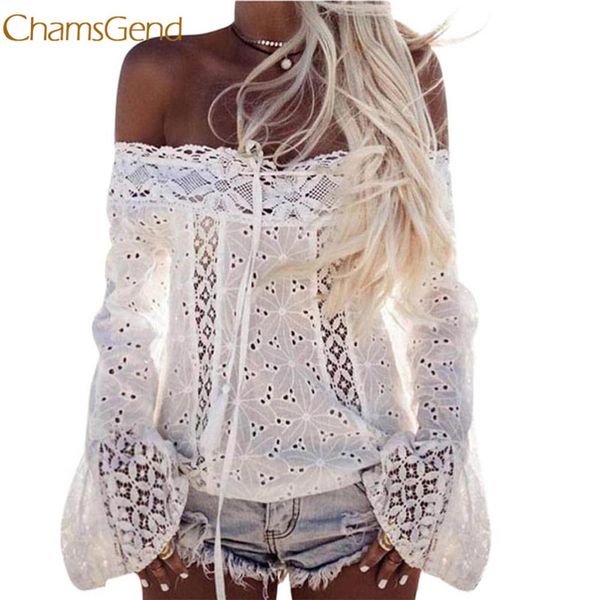 

chamsgend women blouse off shoulder long sleeve lace loose blouse l0312, White