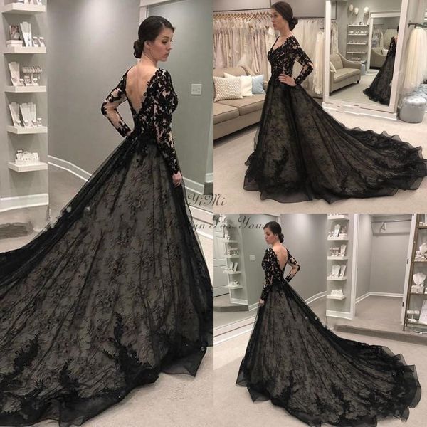 

black gothic wedding dresses long sleeve v neck backless sweep train lace illusion bodice garden country chapel bridal gowns z78, White