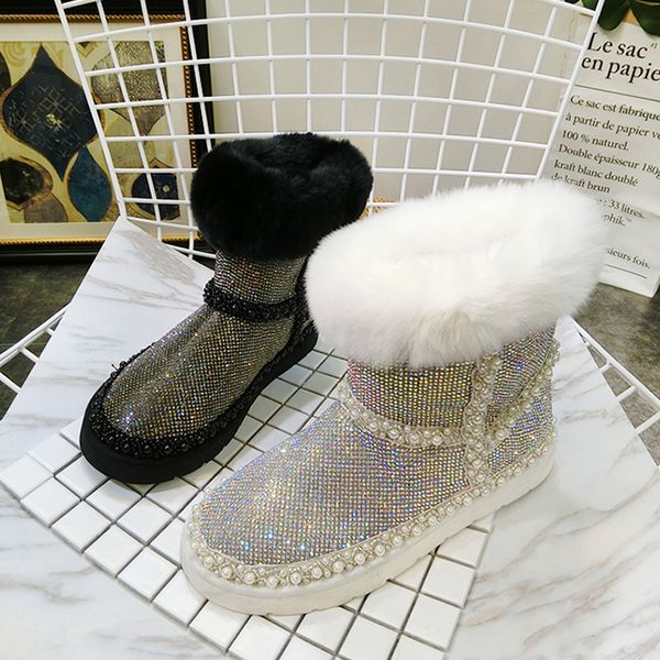 

ruiyee ladies winter boots super fox fur women's boots sheepskin wool one snow 2018 new cowhide, Black