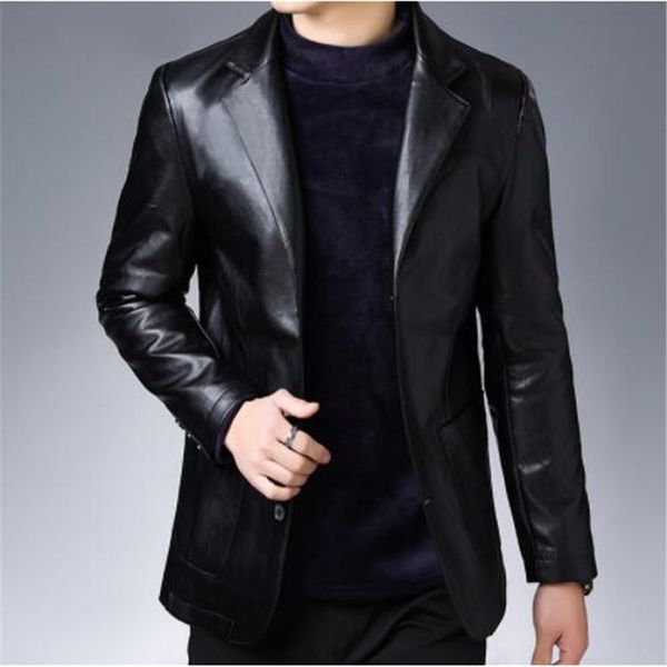

jaqueta couro shearling mens sp and autumn 2019 new middle-aged suit leather jacket men's business fashion skin garment, Black