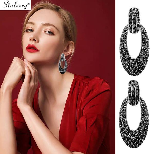 

sinleery vintage big full black cubic zirconia hollow oval drop earrings for women statement earrings retro jewelry es118 ssd, Silver