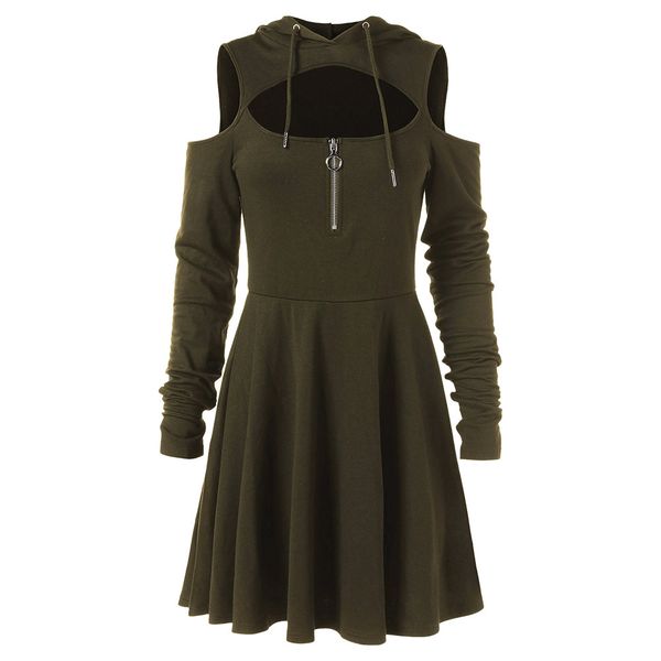 

Fashion Cold Shoulder Women Dresses Female Open Shoulder Long Sleeve Hooded Swing Zipper Dress plus size clothes robe femme